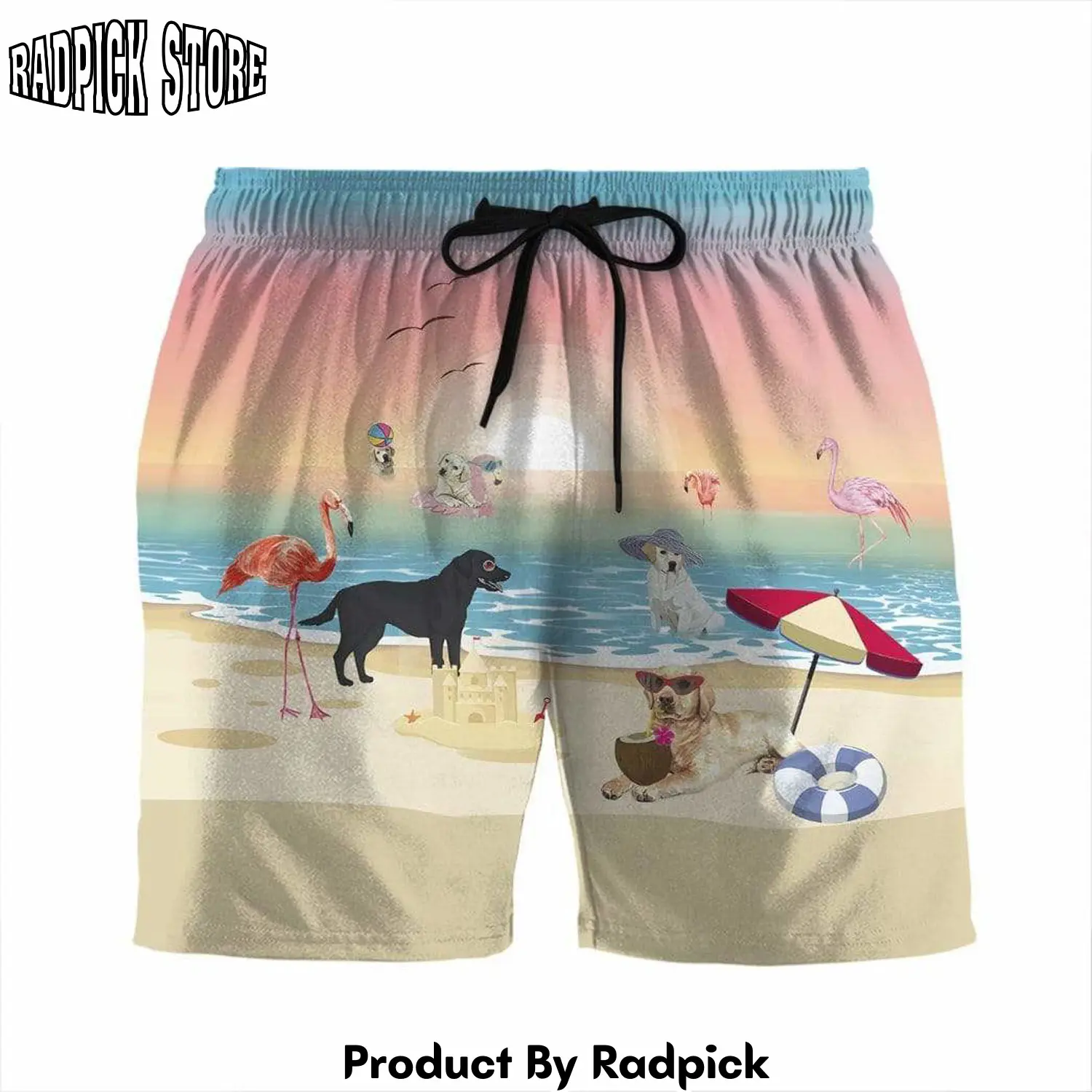 Radpick 3d labrador retriever with flamingo at the beach summer beach shorts swim trunks rp631396